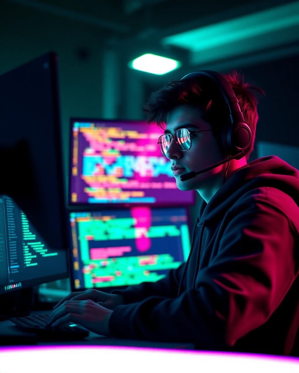 Student building software on multiple monitors